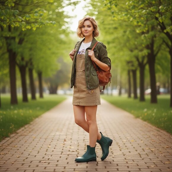 Women's Green Pointed Toe Waterproof Chelsea Double Elastic Ankle Rain Boots - Picture 6 of 7